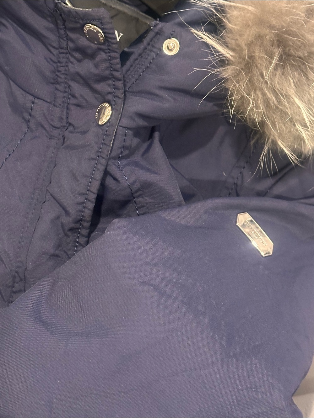 Intuition Paris Raccoon Hooded Coat with Leather Trim in Navy - Picture 8 of 10